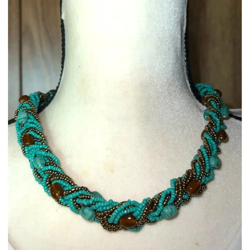 Turquoise Glass Bead Braided Necklace -- 18